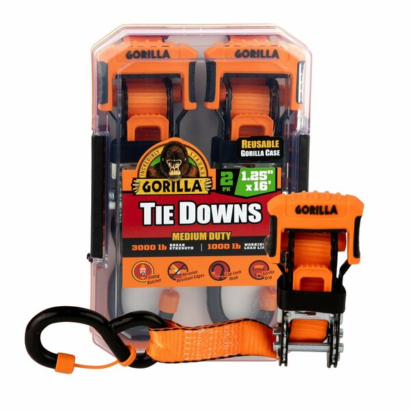 Gorilla Tie Down 1.25in x 16ft 3000 lb Sliding Ratchet Strap / Gorilla, 2PK 93003